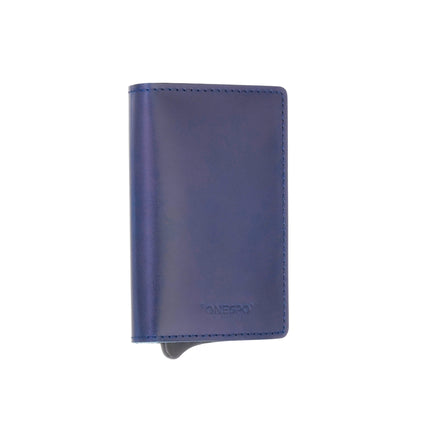 MAGNETIC SLIM Porta Carte di Credito in Vera Pelle Protezione RFID Cuoio Cerato Blu