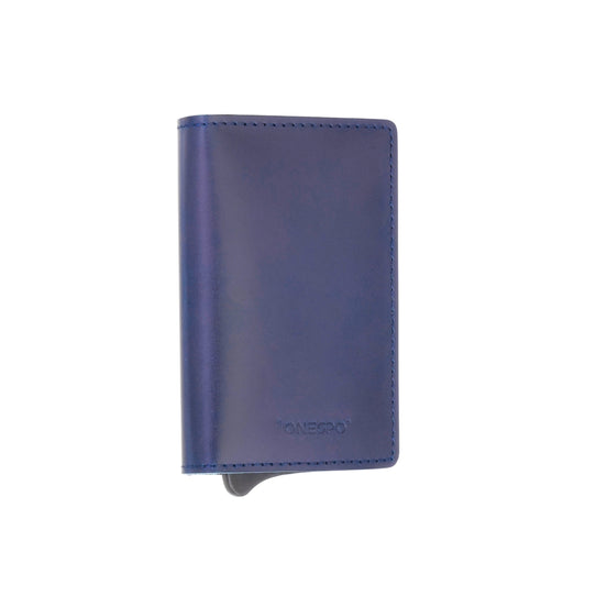 MAGNETIC SLIM Porta Carte di Credito in Vera Pelle Protezione RFID Cuoio Cerato Blu