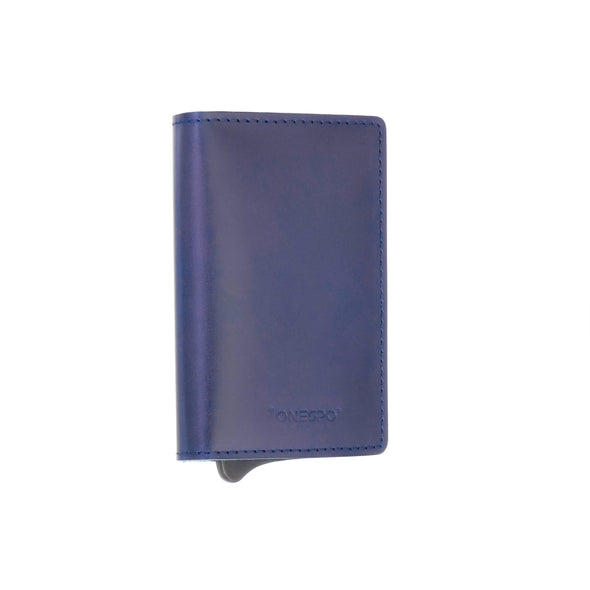 MAGNETIC SLIM Porta Carte di Credito in Vera Pelle Protezione RFID Cuoio Cerato Blu
