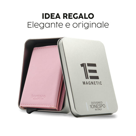 Portafoglio eco-friendly porta carte di credito donna rosa in vera pelle saffiano racchiuso in elegante e raffinata scatola regalo color argento in robusto metallo riutilizzabile 