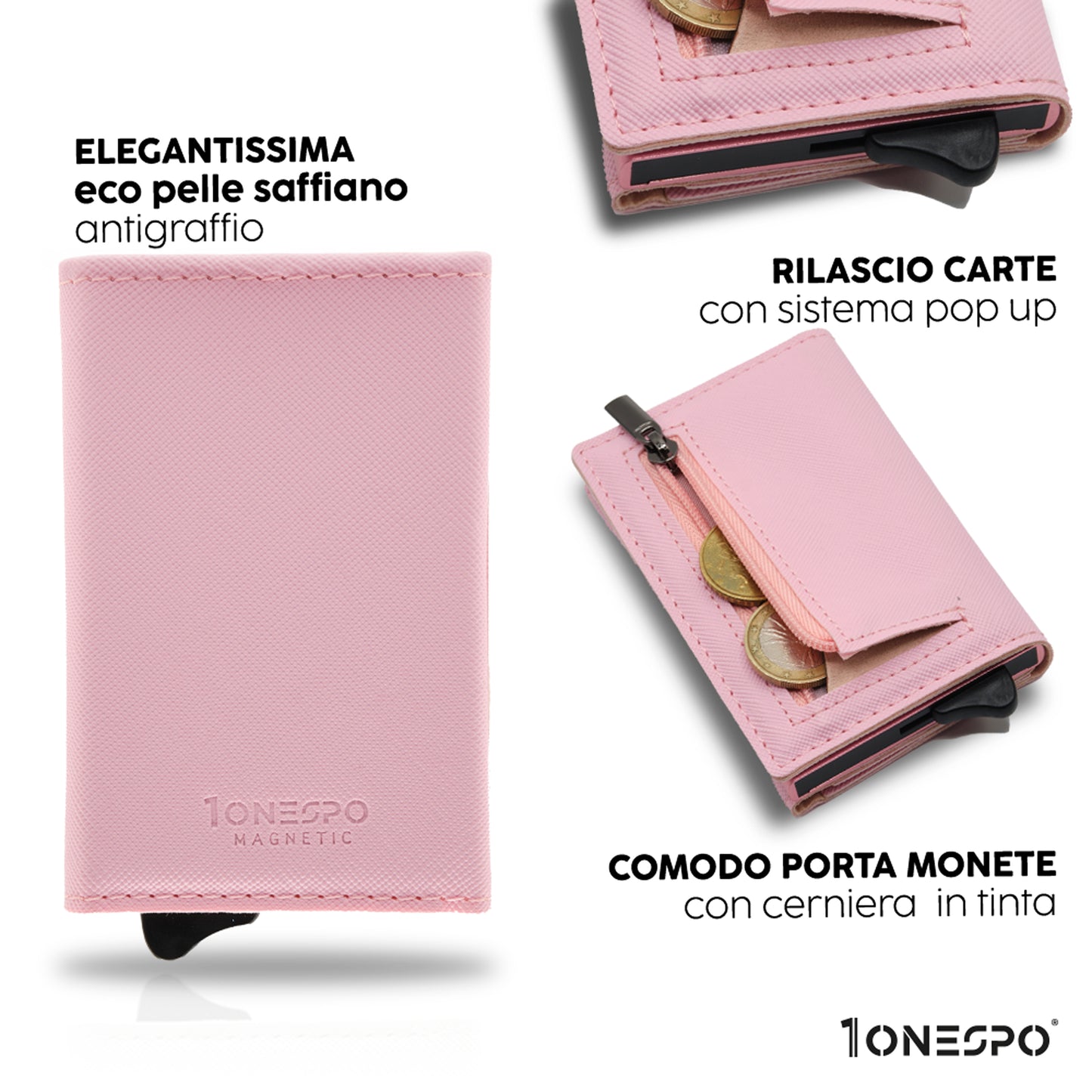 MAGNETIC Saffiano Portafoglio in Vera Pelle Protezione RFID Rosa