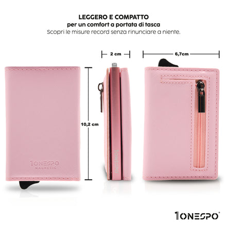 Compatto e leggero portafoglio portacarte di credito donna rosa in vera pelle saffiano vista fonte, di profilo e retro con indicate le misure in cm
