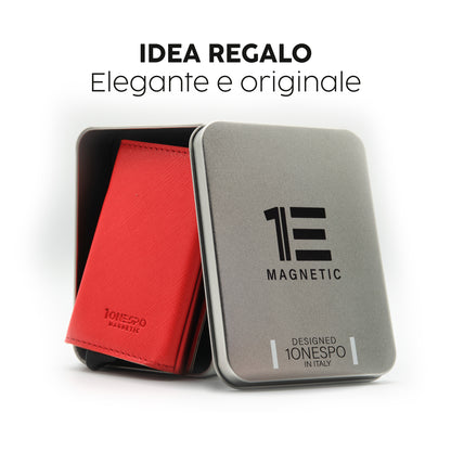 Portafoglio eco-friendly porta carte di credito donna uomo rosso in vera pelle saffiano racchiuso in elegante e raffinata scatola regalo color argento in robusto metallo riutilizzabile 