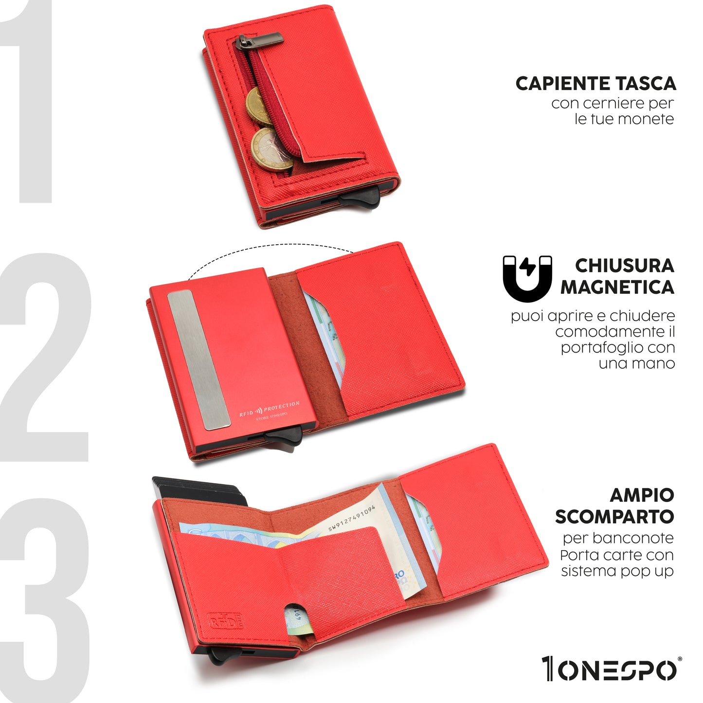 Portafoglio donna uomo slim e smart in vera pelle saffiano rosso con tasca a zip aperta per inserimento monete, cassa rossa con chiusura magnetica e carte in uscita dal porta tessere, capiente porta soldi in vera pelle con diverse banconote all'interno