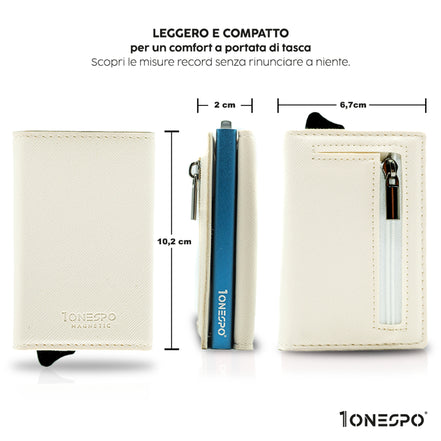 Compatto e leggero portafoglio portacarte di credito uomo bianco  in vera pelle saffiano vista fonte, di profilo e retro con indicate le misure in cm
