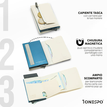 Portafoglio uomo slim e smart in vera pelle saffiano bianco con tasca a zip aperta per inserimento monete, cassa celeste con chiusura magnetica e carte in uscita dal porta tessere, capiente porta soldi in vera pelle con diverse banconote all'interno