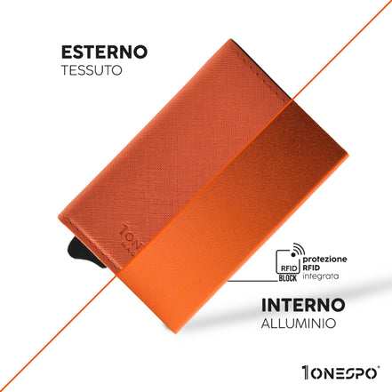 Portafoglio sicuro con portacarte di credito in vera pelle arancione sezionato per evidenziare l'eccellenti caratteristiche  tecniche e l'alta qualità dei materiali impiegati