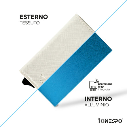 Portafoglio sicuro con portacarte di credito in vera pelle saffiano bianco sezionato per evidenziare l'eccellenti caratteristiche  tecniche e l'alta qualità dei materiali impiegati