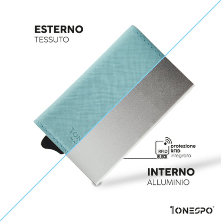 Portafoglio con portacarte di credito in vera pelle saffiano verde acquamarina sezionato per evidenziare l'eccellenti caratteristiche  tecniche e l'alta qualità dei materiali impiegati