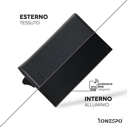 Portafoglio sicuro con portacarte di credito in vera pelle saffiano nero sezionato per evidenziare l'eccellenti caratteristiche  tecniche e l'alta qualità dei materiali impiegati
