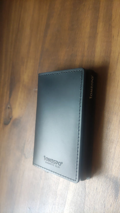 MAGNETIC SLIM Porta Carte di Credito in Vera Pelle Protezione RFID Cuoio Cerato Nero