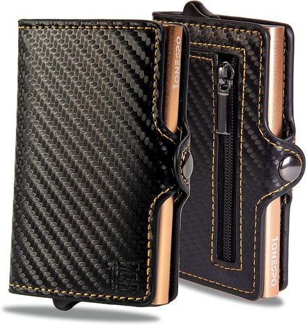 Porta carte di credito uomo pelle PU nero effetto carbonio chiusura a bottone e zip portamonete cassa oro a contrasto e abbinata alla cuciture
