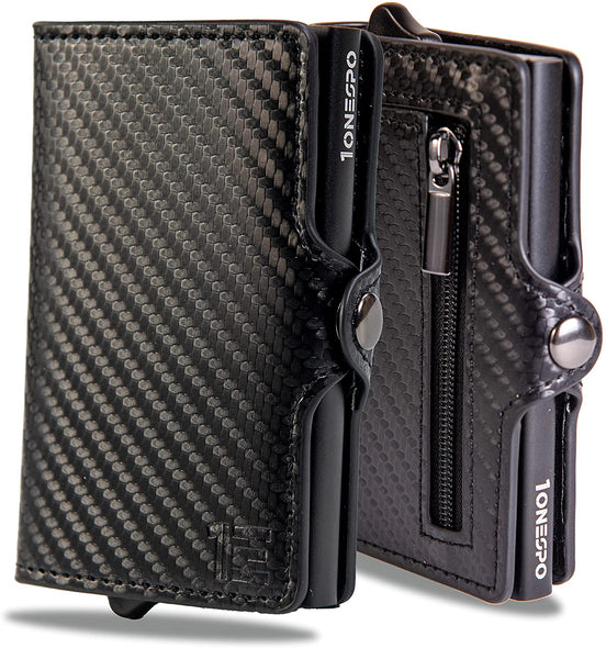 Porta carte di credito uomo pelle PU nero effetto carbonio chiusura a bottone e zip portamonete cassa nera 