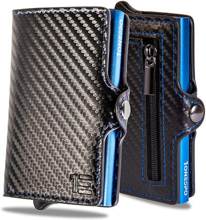 Porta Tessere Portafoglio Uomo Rigido CARBON Zip Porta Carte Di