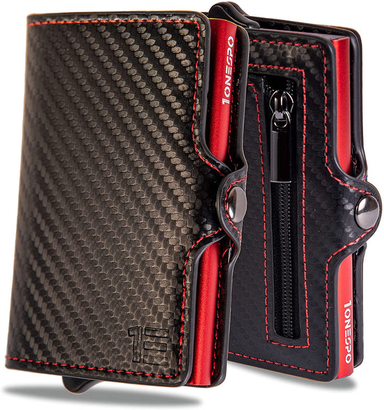 Porta carte di credito uomo pelle PU nero effetto carbonio chiusura a bottone e zip portamonete cassa rossa a contrasto e abbinata alla cuciture
